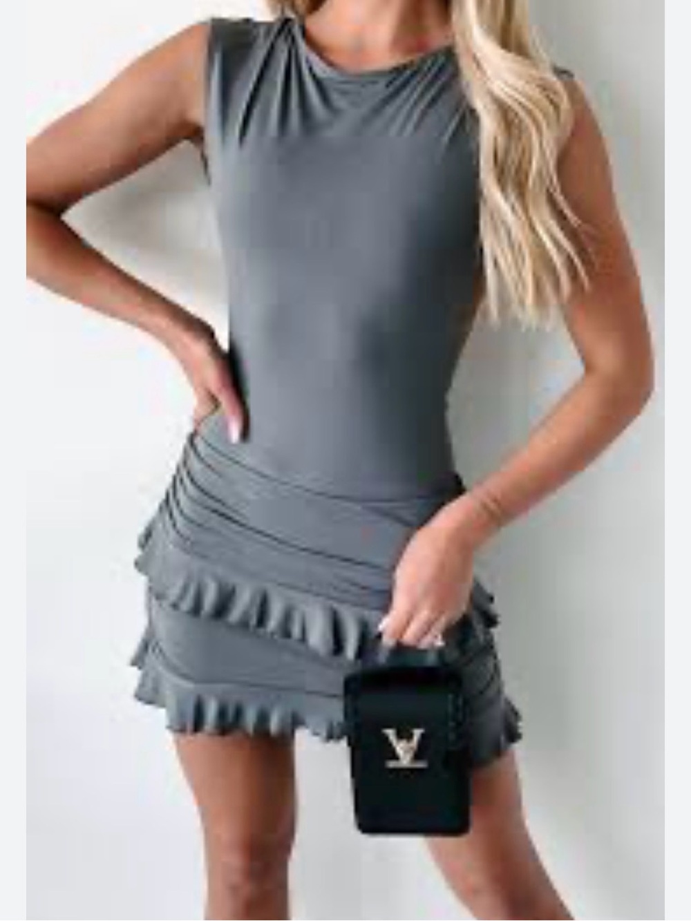 Commense Gray Sleeveless Ruffle Mini Dress